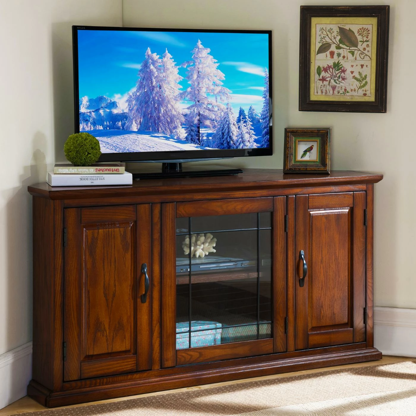 Outlet π TV Stands Leick Home Leaded Glass Three Door Corner TV Stand With Enclosed Storage For 50" TV's, Burnished Oak π₯ - Image 2