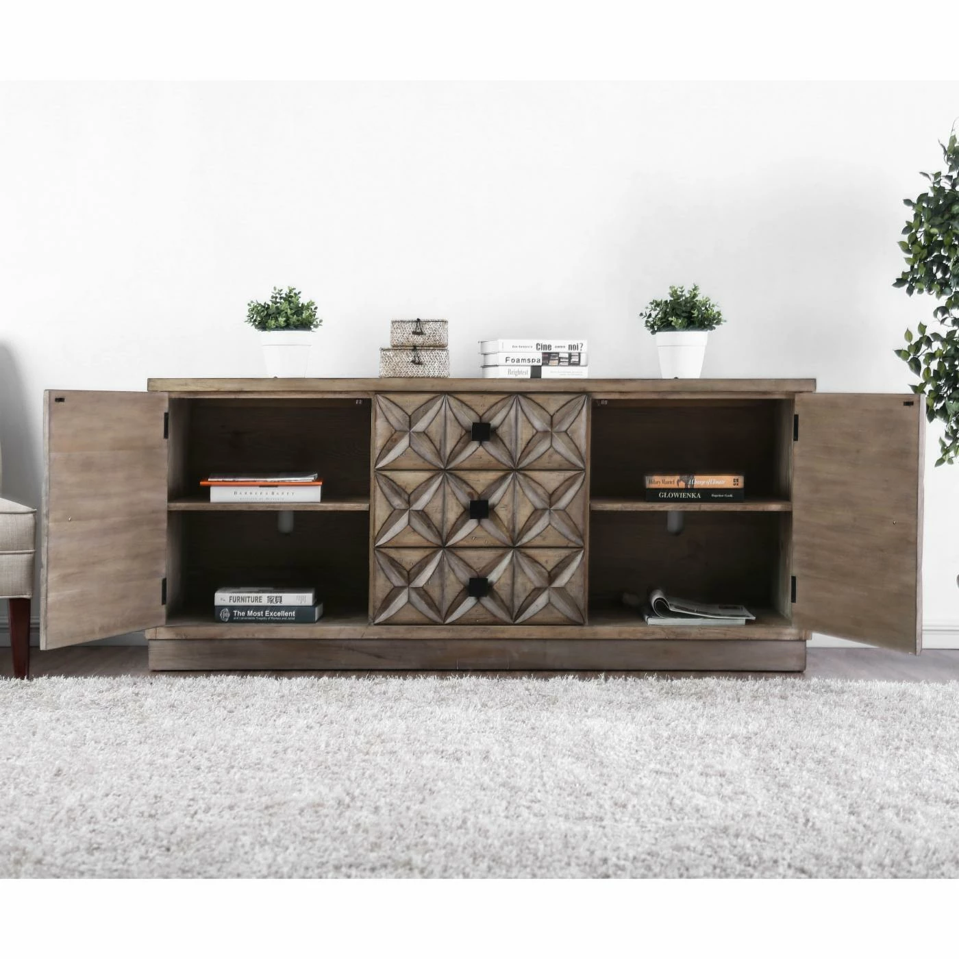 Best deal โ๏ธ TV Stands Furniture Of America Martino Geometric Carved TV Stand ๐ - Image 2