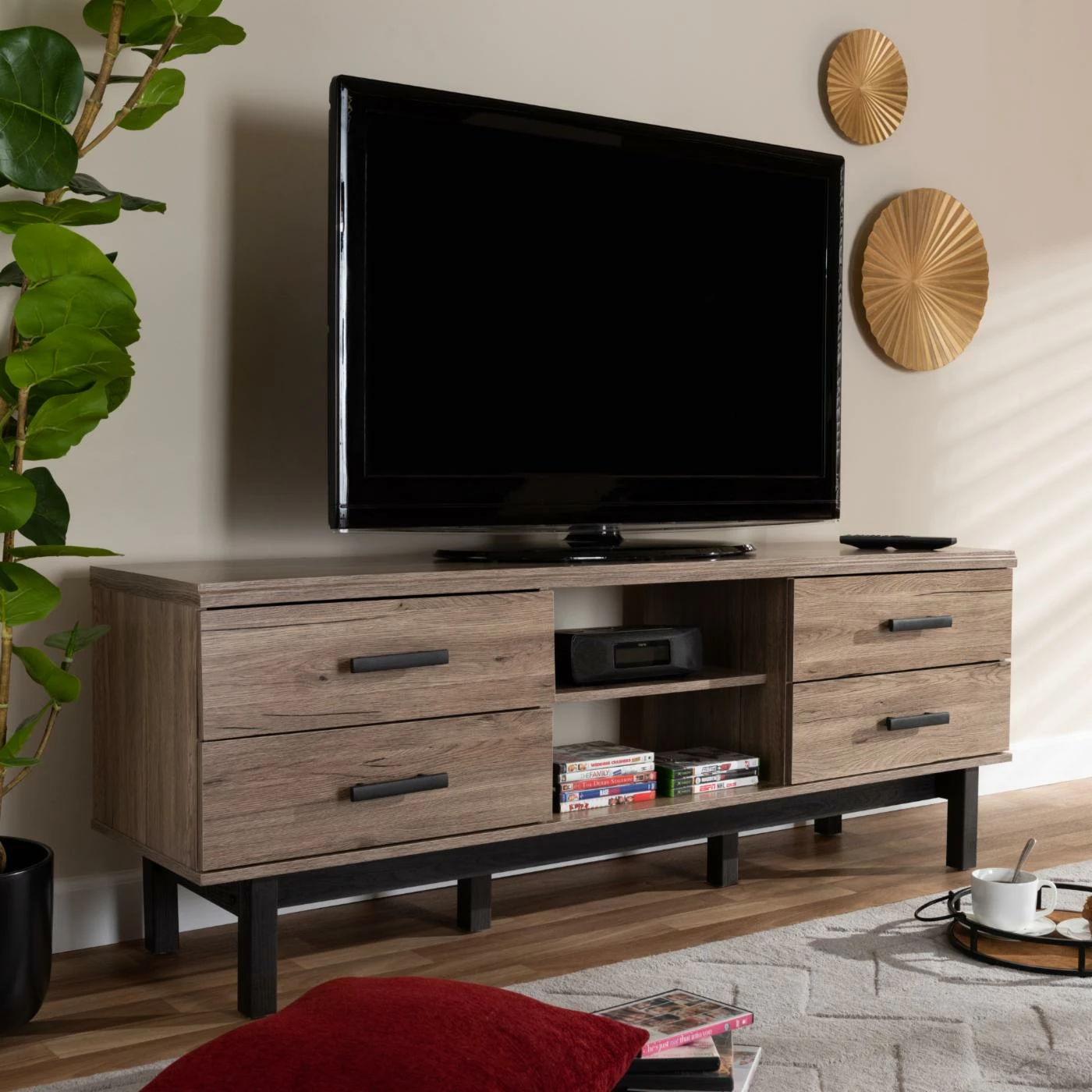Wholesale π₯ TV Stands Baxton Studio Arend Contemporary 4 Drawer TV Stand - Oak/Ebony βοΈ - Image 2