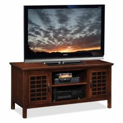 Buy 🔔 TV Stands Leick Home Riley Holliday 50 In. TV Console With Grid Black Glass Doors - Chocolate Cherry 💯