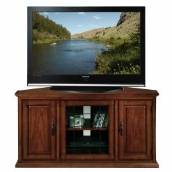 Outlet π TV Stands Leick Home Leaded Glass Three Door Corner TV Stand With Enclosed Storage For 50" TV's, Burnished Oak π₯