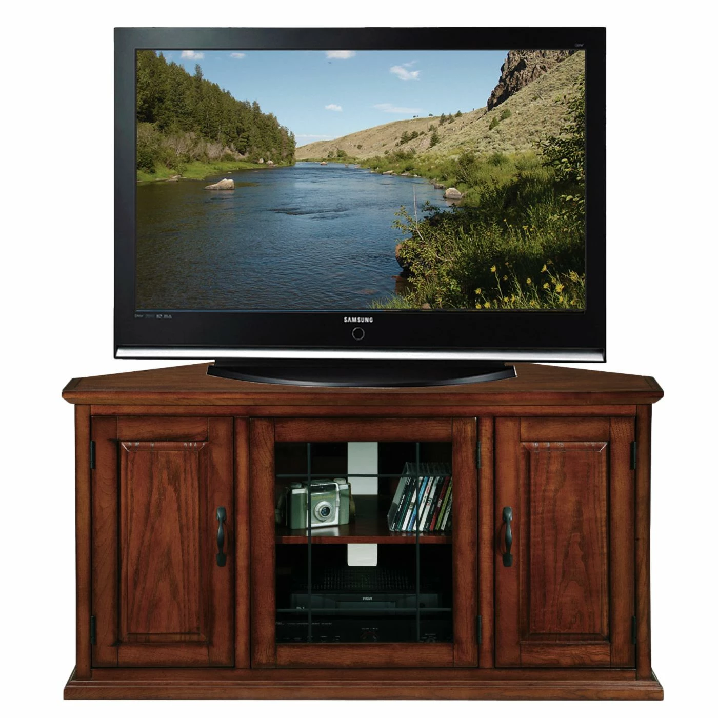 Outlet π TV Stands Leick Home Leaded Glass Three Door Corner TV Stand With Enclosed Storage For 50" TV's, Burnished Oak π₯