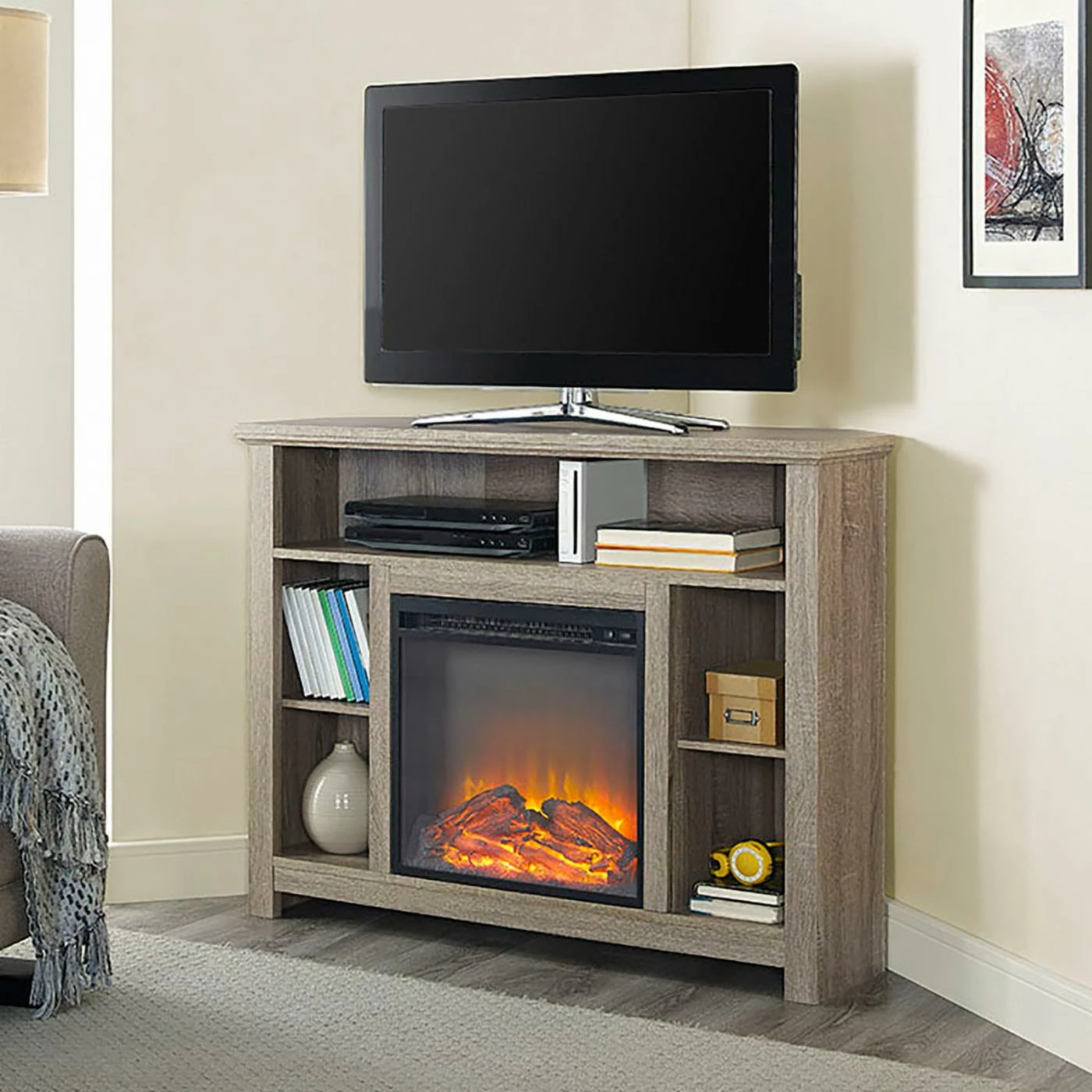 Discount β TV Stands Walker Edison 44 In. Wood Corner Highboy Fireplace TV Stand π