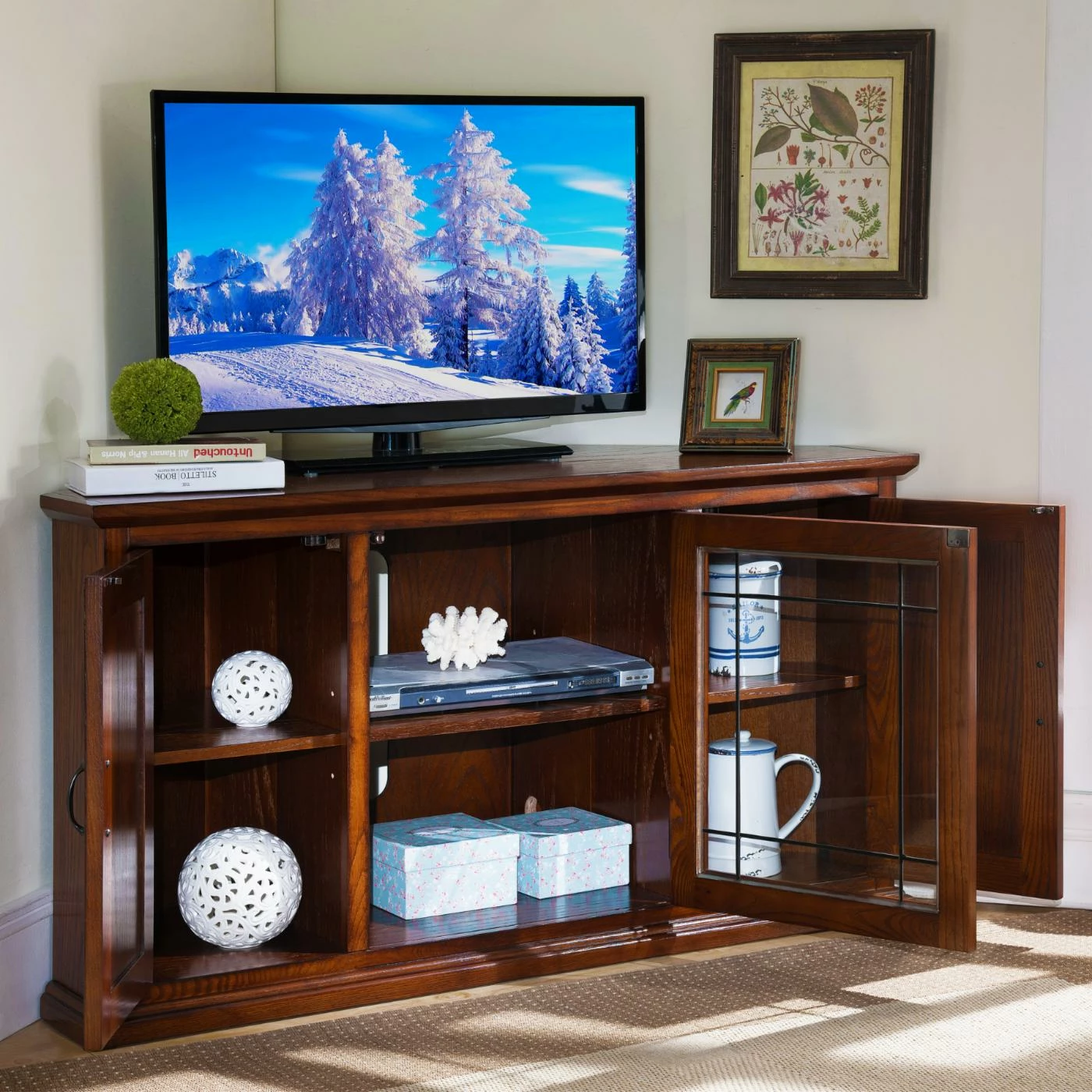 Outlet π TV Stands Leick Home Leaded Glass Three Door Corner TV Stand With Enclosed Storage For 50" TV's, Burnished Oak π₯ - Image 3